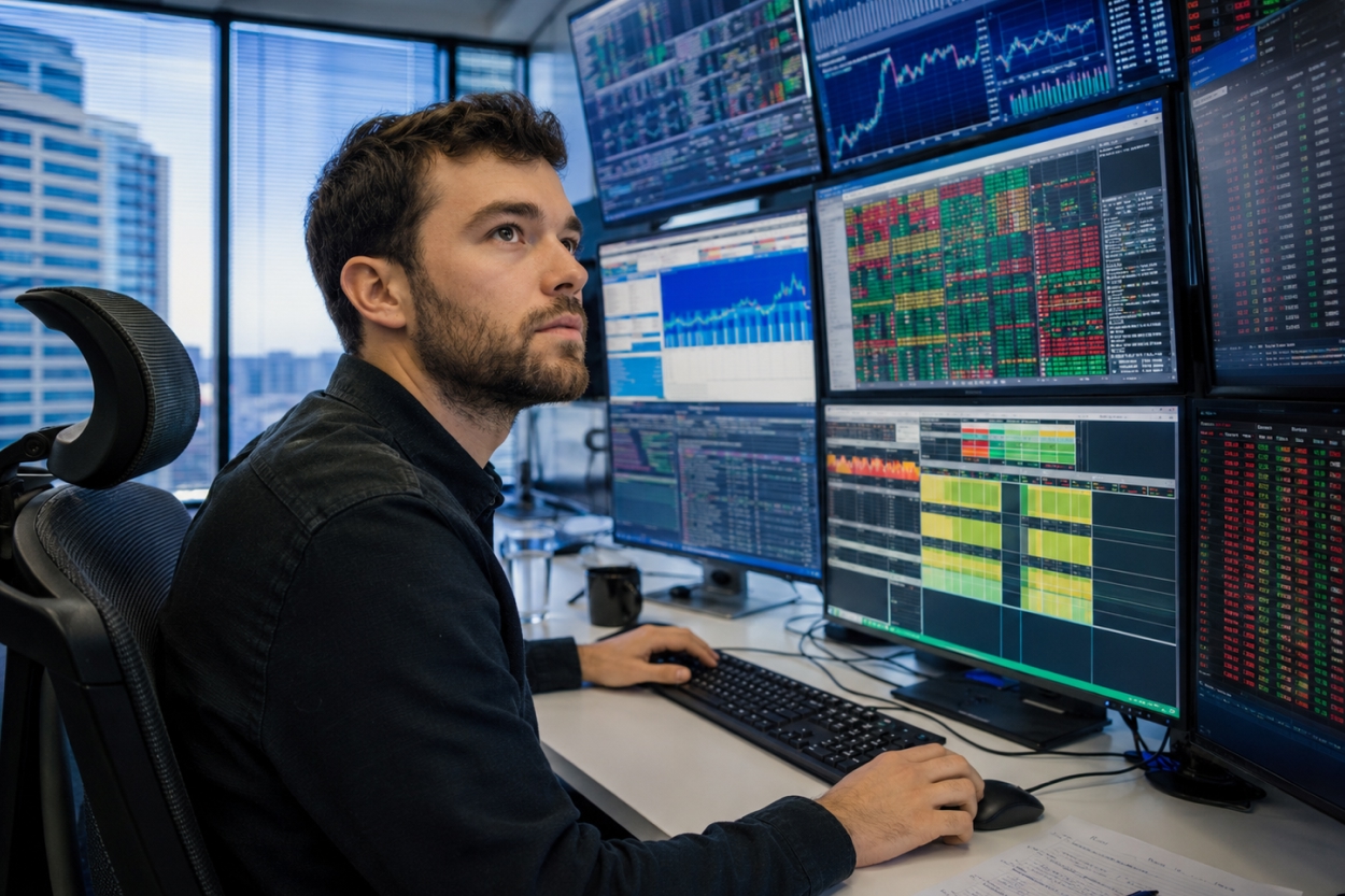 team member working at trading desk monitor set up
